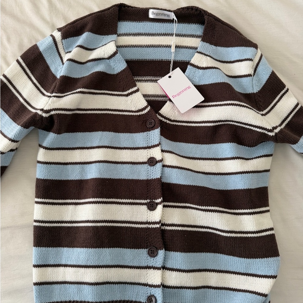 BEGINNING BOUTIQUE ✨- Misha Brown and Blue Stripe Button Down Cardigan - Picture 3 of 7